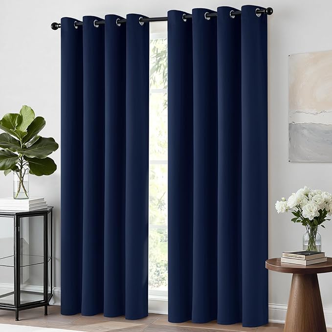 Yakamok Black Out Curtains 63 Inch Long Room Darkening Thermal Insulated Blackout Curtain Solid Grommet Top Window Drapes for Bedroom Living Room 52x63 Inch Navy Blue 2 Panels Set