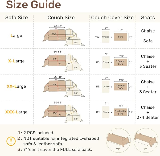 Sectional Couch Covers, 2 Pieces Washable L Shaped Couch Covers Sofa Blanket for Dogs Pet Friendly Sectional Sofa Slipcovers Furniture Covers,71"x118"+91"x134",(XXX-Large,Cream White)
