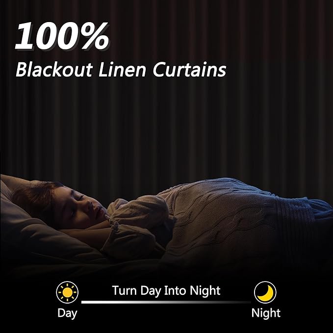 Guken 100% Blackout Linen Curtains 132 Inch Length 2 Panels Set for Living Room Bedroom Back Tab Thermal Insulated Black Out Drapes Room Darkening Farmhouse Style for Bedroom Window Curtains 52x132