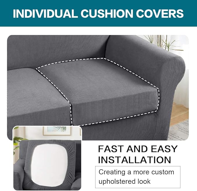 Turquoize 3 Piece Sofa Covers for 2 Cushion Couch Sofa Slipcover Soft Couch Cover for Dogs-Washable Sofa Furniture Covers with 2 Individual Cushion Covers, Feature Thick Fabric (2 Cushion Sofa, Gray)