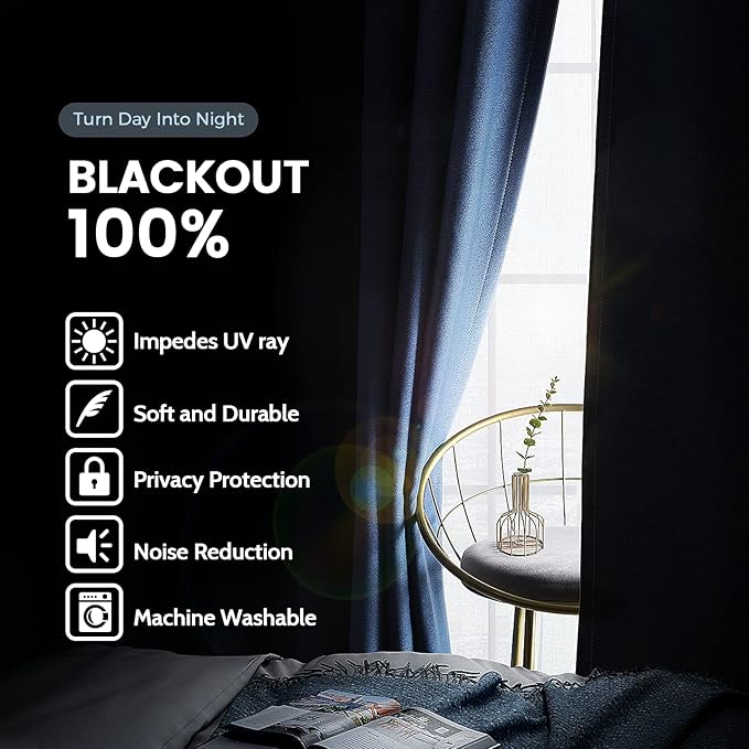 SimpleHome 100% Blackout Curtains for Bedroom,Thermal Insulated Grommet Window Drapes Room Darkening Navy Blue Curtains for Living Room with Black Back,52 x 84 Inch,2 Panels
