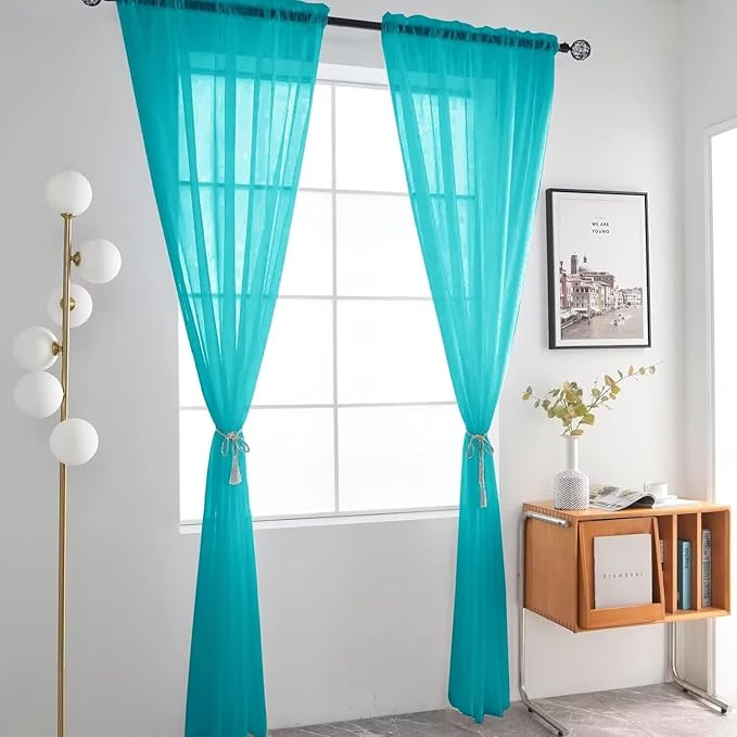 SpaceDresser Basic Rod Pocket Sheer Voile Window Curtain Panels Peacock Blue 1 Pair 2 Panels 52 Width 36 Inch Long for Kitchen Bedroom Children Living Room Yard（Peacock Blue, 52W x 36L）
