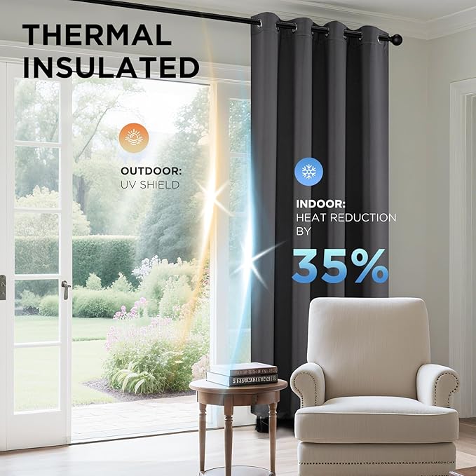 Joydeco Blackout Curtains 90 Inch Length 2 Panels Set, Thermal Insulated Long Curtains& Drapes 2 Burg, Room Darkening Grommet Drapes for Living Room Bedroom Window (W52 x L90 Inch, Dark Grey)