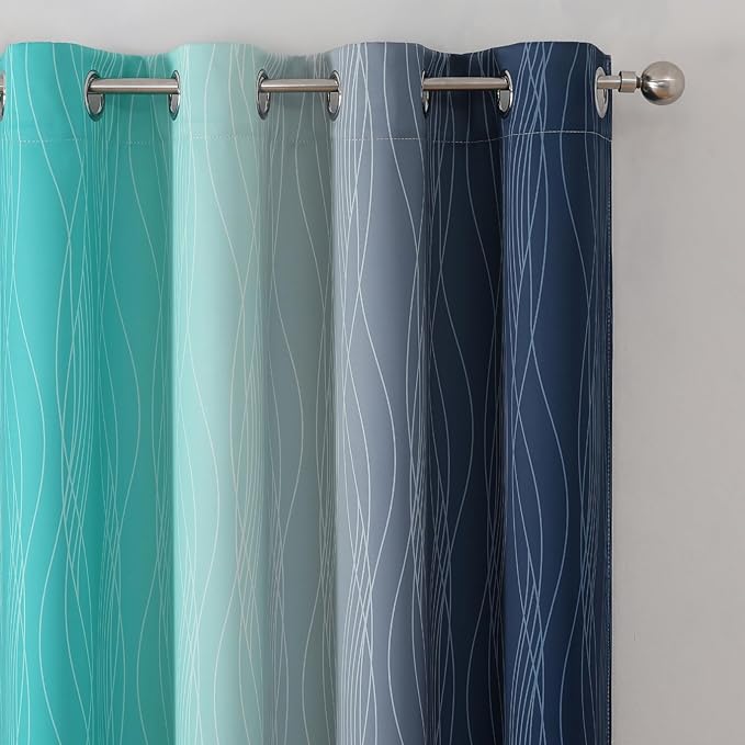 Estelar Textiler Navy Blue and Teal Blackout Curtains 63 Inch Length 2 Panels Set, Full Room Darkening Grommet Ombre Curtains for Bedroom, Thermal Insulated Light Blocking Gradient Drapes,52Wx63L