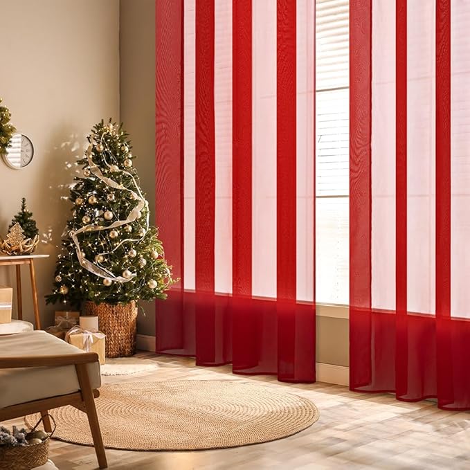MIULEE 2 Panels Red Solid Color Sheer Christmas Window Curtains Elegant Window Voile Panels/Drapes/Treatment for Bedroom Living Room (54X63 Inches)