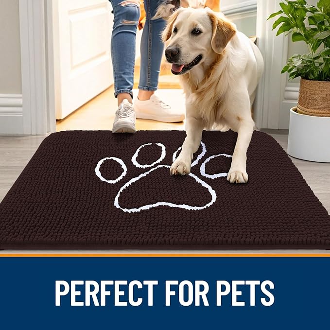 OLANLY Dog Door Mat for Muddy Paws 32x20, Paw Print Design, Absorbs Moisture and Dirt, Absorbent Non-Slip Washable Doormat, Quick Dry Chenille Mud Mat for Dogs, Entry Indoor Entryway Carpet, Brown