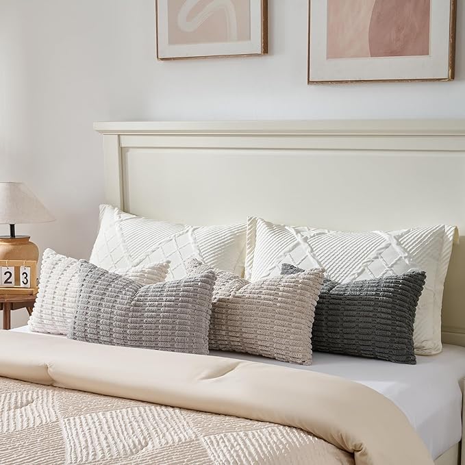 Fancy Homi Set of 4 Grey and White Lumbar Rectangle Decorative Throw Pillow Covers 14x24 Inch for Couch Bed Chair, Farmhouse Boho Room Decor, Soft Fuzzy Thick Corduroy Textured Cushion Case 35x60cm