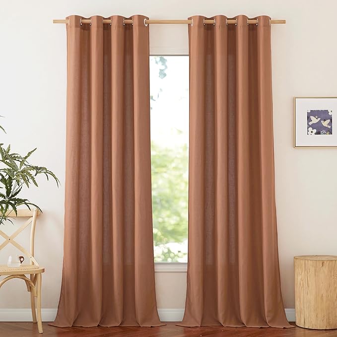 NICETOWN Caramel Linen Curtains for Kitchen, Thick Flax Small Window Treatments Semi Sheer Privacy Assured with Light Through for Cafe/Bathroom, W55 x L102, 2 Panels