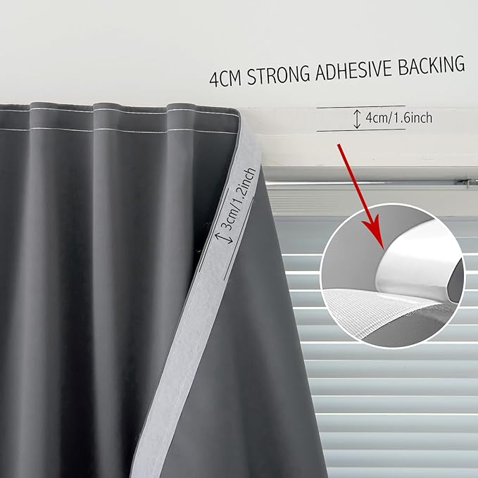 Magic Tape Stick On Curtains Window Shades Pull Down Blackout Window Cover Blackout Curtains for Bedroom No Drillng Self Adhesive Curtains No Rod, 35" W X 59" L, Grey, 1 Panel