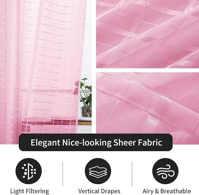 SpaceDresser Check Sheer Curtains 84 Inches 2 Panels Set, Rod Pocket Plaid Window Curtain for Living Room, Pink Semi Sheer Drapes for Kitchen Bedroom Children Room Yard（Pink, 52W x 84L）