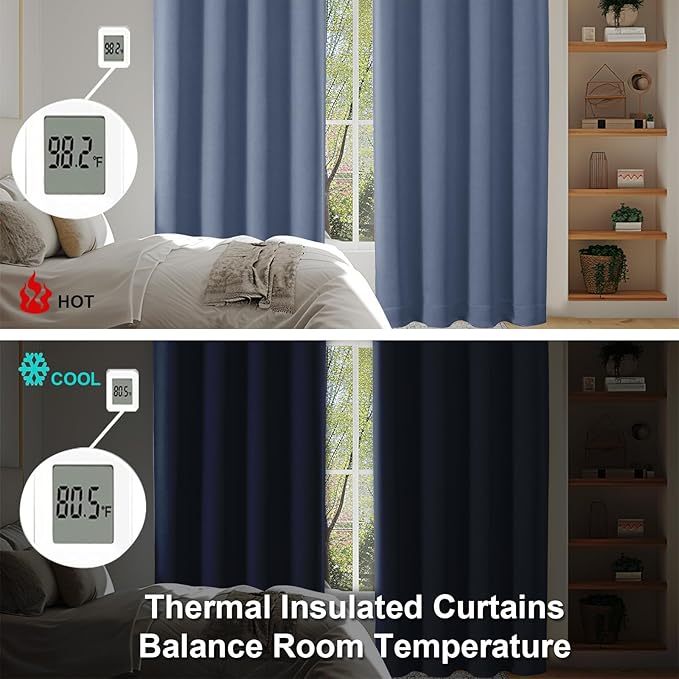 Simplebrand Ava Denim Blue Short Blackout Curtains for Bedroom 45 Inches Long 2 Panels Set, Solid Thermal Insulated, Energy Saving Window Treatment Curtains Blackout Drapes, W40 x L45 Inch, Denim Blue