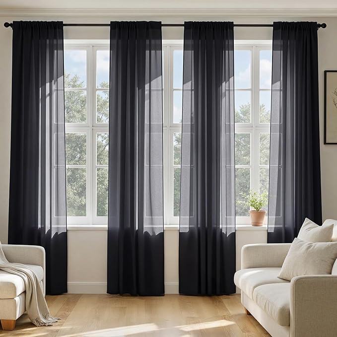 MIULEE Black Sheer Curtains 102 Inches Long 4 Panels Set, Light Filtering Rod Pocket Drapes for Living Room and Bedroom, Airy Soft Breathable Voile Window Treatments, 42W x 102 Inches