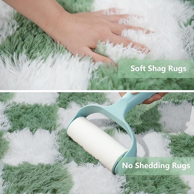 Area Rugs for Bedroom Living Room,6x9 Green and White Fluffy Soft Checkered Rug Fuzzy Shag Shaggy Carpet, Indoor Plush Floor Rugs for Kids Boys Girls Teen Dorm Nursery Home Decor