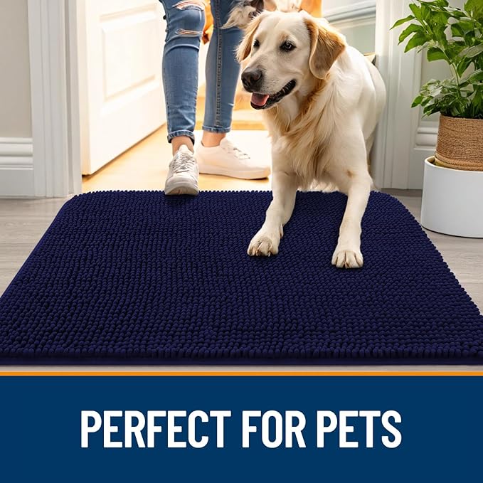 OLANLY Dog Door Mat for Muddy Paws 54x32, Absorbs Moisture and Dirt, Absorbent Non-Slip Washable Doormat, Quick Dry Chenille Mud Mat for Dogs, Entry Indoor Entryway Carpet for Inside Floor, Navy Blue