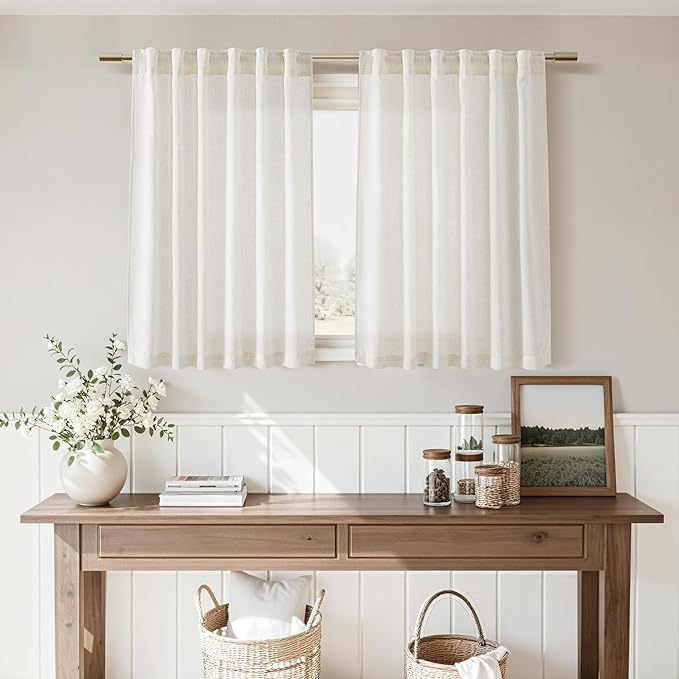 Nanspring Natural Linen Curtains for Kitchen Windows Over Sink - Cafe Curtain Semi Sheer with Rod Pocket and Back Tab Lightweight Rustic Textured Bistro Curtains for Bathroom, 2 Panels 25 x 24 Inch