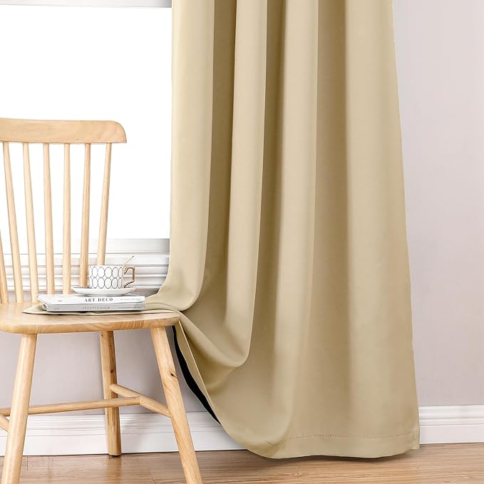 ChrisDowa 100% Blackout Curtains 72 inch Long for Bedroom with Black Liner, 2 Thick Layers Total Blackout Thermal Insulated Grommet Window Curtains 2 Panels Set (Beige, 42 x 72 Inch)
