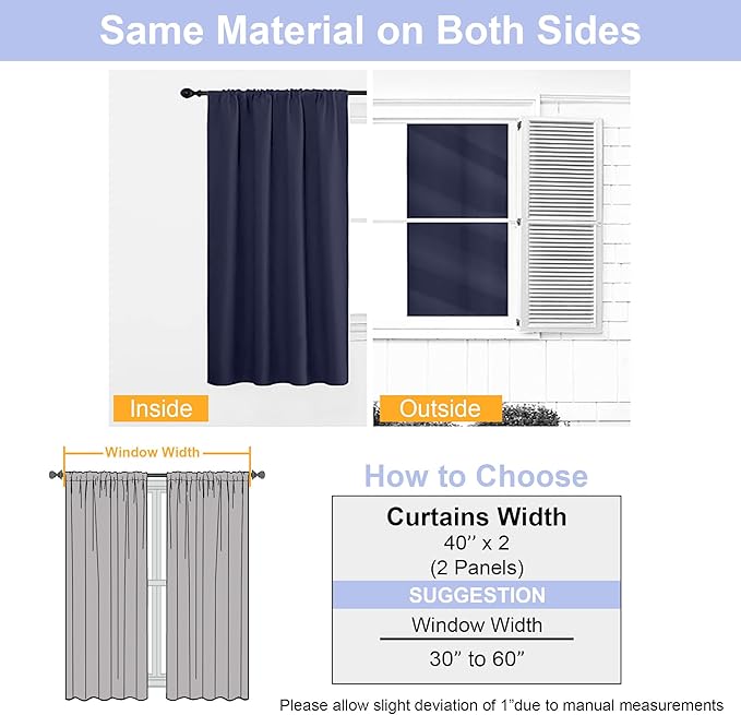 Simplebrand Ava Navy Blue Short 36 Inches Blackout Curtain 2 Panels Set, Half Window Rod Pocket Privacy Curtain Tiers for Kitchen, Curtains Blackout for Bathroom Shades, W40 x L36 Inch, Navy Blue