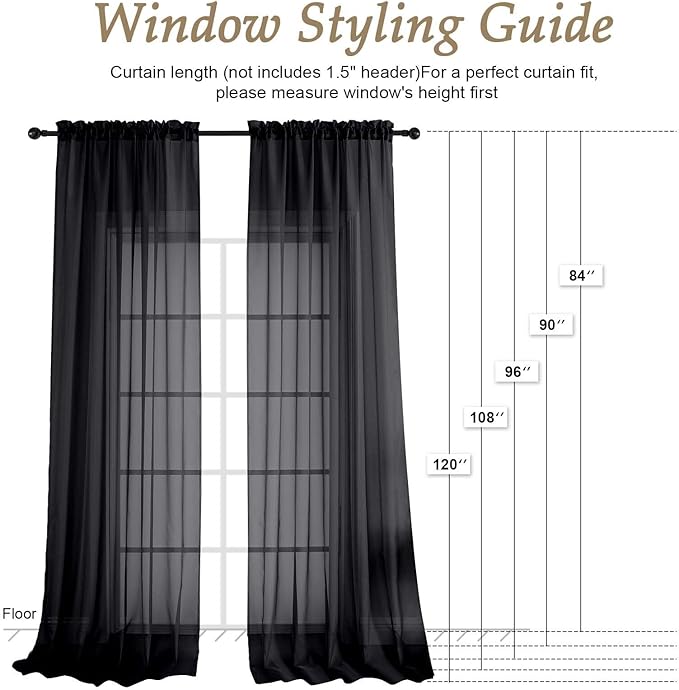OVZME Black Bedroom Curtains 96 Length for Farmhouse, 59 Inch Extra Wide Light Filtering Voile Drapes Light Airy Window Decor for Patio Door Living Room Bedroom Dining, 59Wx96L Inches