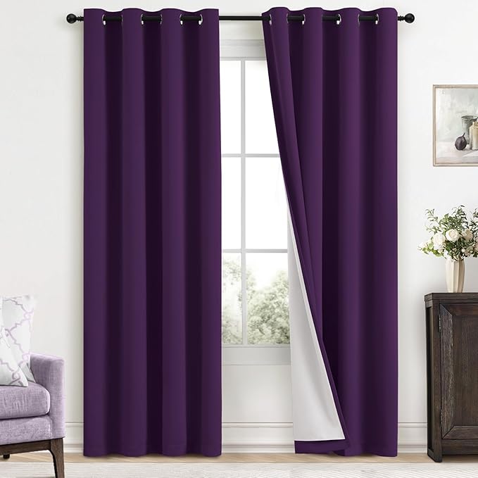Yakamok Room Darkening 100% Blackout Curtains Grommet Window Treatments with 2 Thick Layers-Purple Thermal Insulated Drapes Set of 2 Panels for Bedroom Living Room 52 Inches by 96 Inches Length