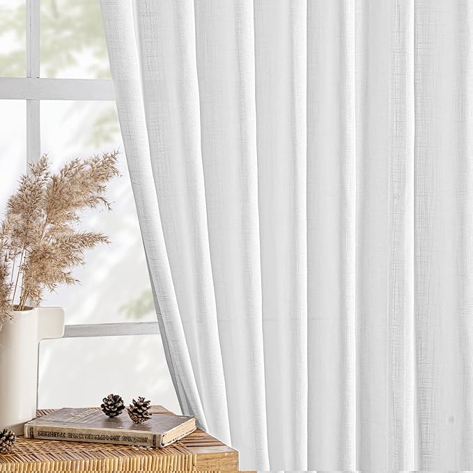 MIULEE White Linen Curtains Short 63 Inch Long 2 Panels for Kitchen Bedroom, Soft Thick Linen Textured Window Drapes Semi Sheer Light Filtering Back Tab Rod Pocket Burlap Look Decor
