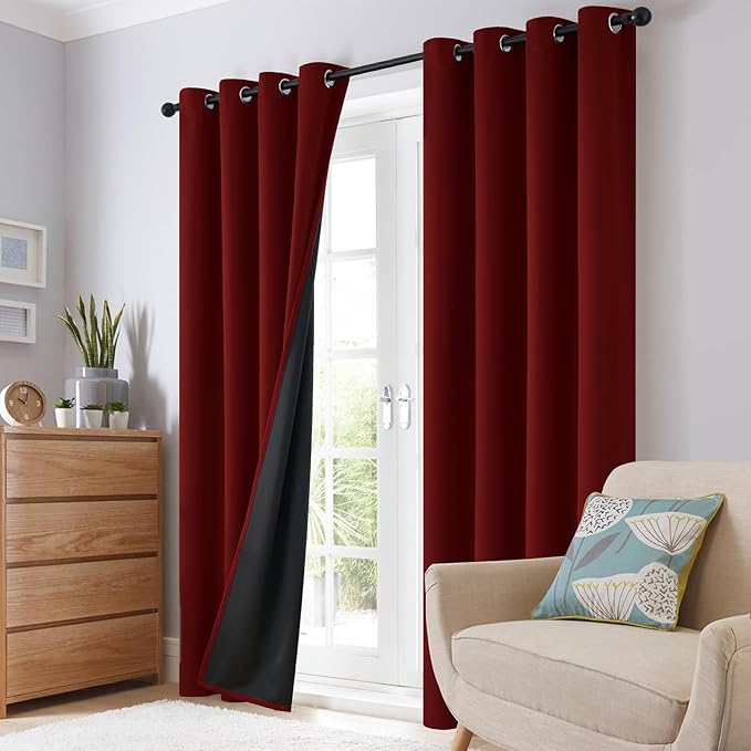 SimpleHome 100% Blackout Curtains for Bedroom,Thermal Insulated Burgundy Red Grommet Window Drapes Room Darkening Curtains for Living Room with Black Back,52 x 63 Inch,2 Panels