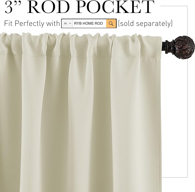 RYB HOME French Door Window Curtain Covering, Rod Pocket Thermal Insulated Privacy Non See Through Drapes for Bathroom Window, Width 29 by Length 45, Beige, 2 Panels