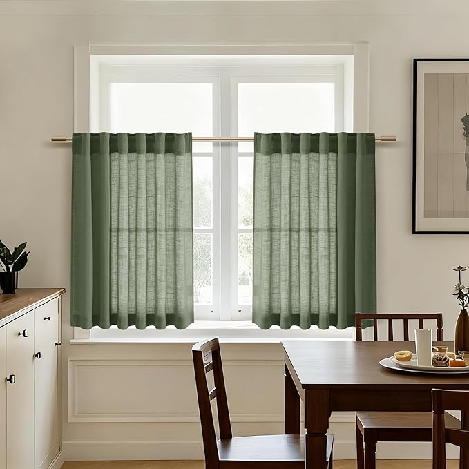 Nanspring Olive Green Linen Curtains 24 Inch Length for Kitchen Small Windows Light Filtering Panels Back Tab and Rod Pocket Drapes for Cafe/Small Curtains, 30 x 24 Inch,2 Panels