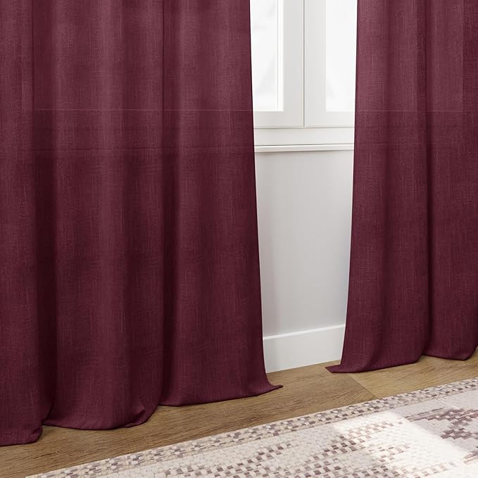 Nanspring Burgundy Linen 112 Inch Curtains for Living Room Light Filtering Semi Sheer Curtain Back Tab Vintage Boho Decor Elegant Drapes Floor to Ceiling High Window for Bedroom 52x112, 2 Panels
