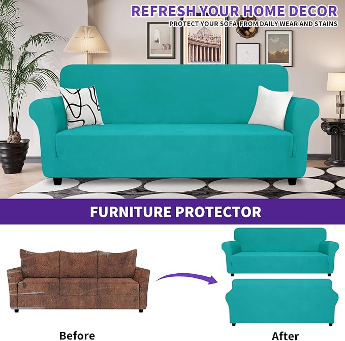 ZNSAYOTX Oversized Super Stretch Couch Cover (92"-115"), New Striped Sofa Covers Comfortable & Durable, Dog Cat Pets Friendly Extra Large Spandex Sofa Slipcovers (Peacock Teal, XL Sofa)