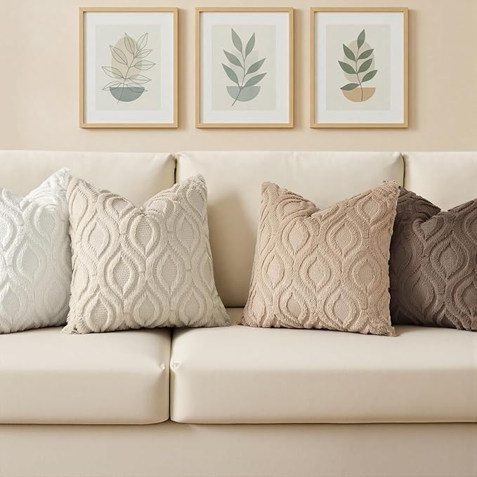 decorUhome Throw Pillow Covers 18x18 Inch Set of 2, Soft Plush Faux Wool Light Brown Solid Couch Pillow Covers, Accent Farmhouse Neutral Square Pillow Cases for Sofa Bed Living Room