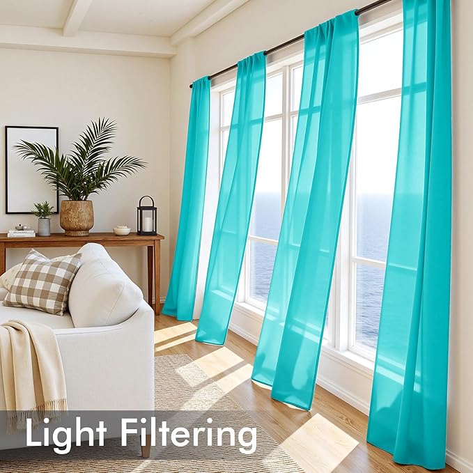 MIULEE Turquoise Sheer Curtains 108 Inches Long, 4 Panels Set, Light Filtering Rod Pocket Voile Drapes for Living Room and Bedroom, Airy Soft Fabric Window Treatments, 42 x 108 Inches