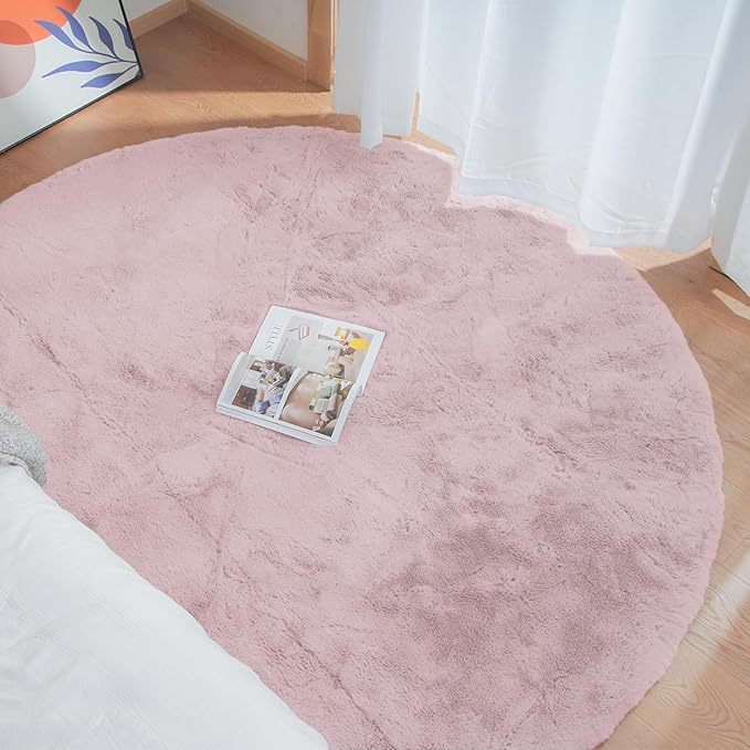 ORINOVA Pink Round Rug 5ft Washable Fluffy Faux Rabbit Fur Area Rugs for Living Room Shag Circle Nursery Rugs for Bedroom Cute Décor