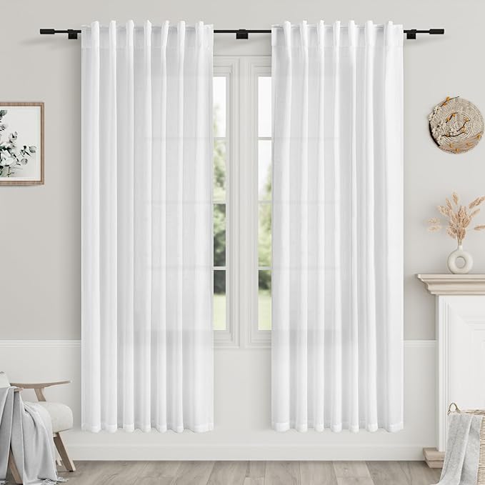 Nanspring White Linen Curtains 77 Inches Long for Bedroom Back Tab Light Filtering Privacy Semi Sheer Curtains Modern Farmhouse Decor Linen Textured Gauze Drapes for Bathroom 2 Panel Set 52x77