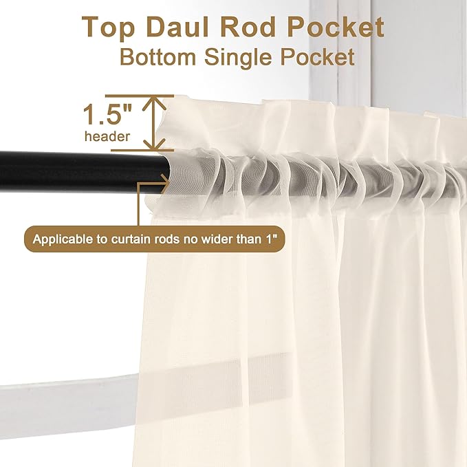 Chyhomenyc Cream Sheer Curtains 45 Inch Long 2 Panels, Short Voile Sheer Drapes for Dinning Small Windows Bathroom Living Room Bedroom, Rod Pocket, 42Wx45L Inches
