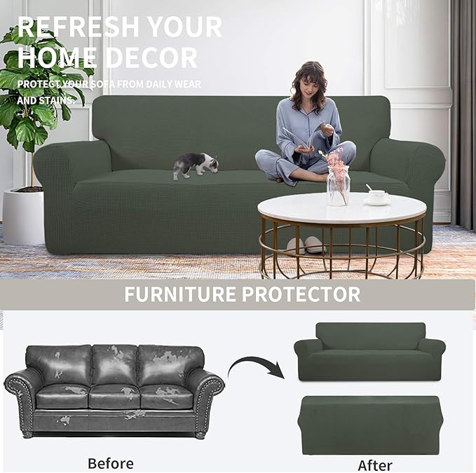 Easy-Going Stretch 4 Seater Sofa Slipcover 1-Piece Sofa Cover Furniture Protector Couch Soft with Elastic Bottom for Kids, Polyester Spandex Jacquard Fabric Small Checks Olive Green