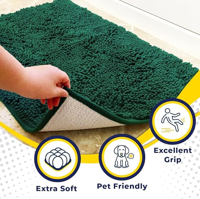 Muddy Mat® | Super Absorbent Door Mat Indoor, Microfiber Quick Dry Chenille Entryway Rug, Non-Slip Front Door Mat, Indoor Mats for Entryway, Machine Washable Pet Rug, Dark Green Large 35"X24"