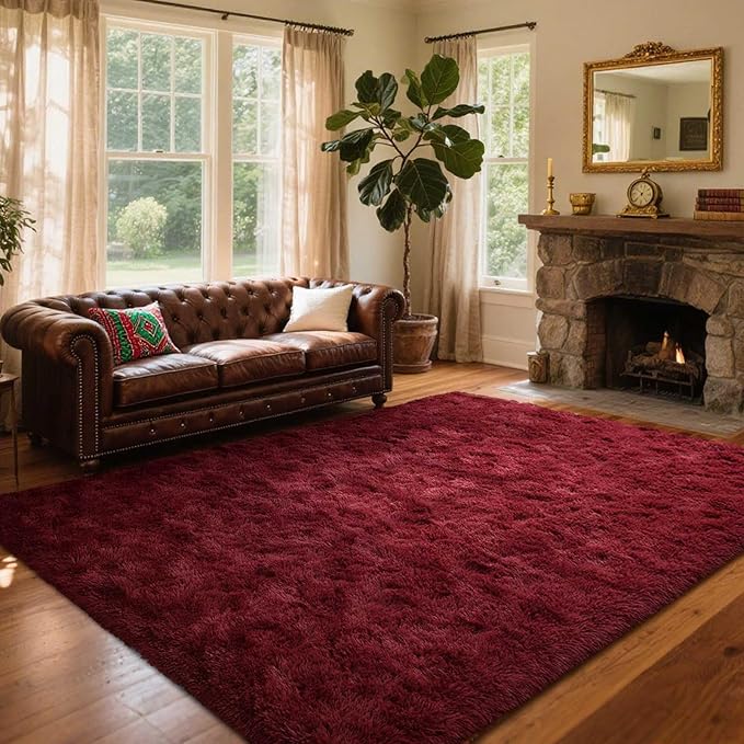 Area Rugs for Living Room, 4x6 Feet Soft Fluffy Shagg Plush Rug High Pile Large Indoor Modern Non-Slip Floor Carpet for Bedroom Nursery Girls Kids Home Room Dorm Decor Aesthetic Burgundy
