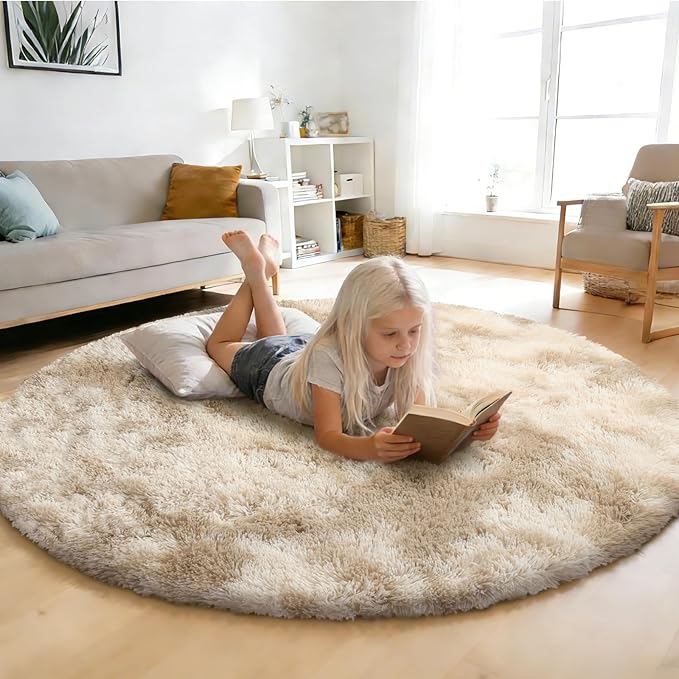 Fluffy Round Rug,Soft Area Rugs for Girls Room,Shaggy Rugs 6'X6' for Living Room,Non Slip Circle Rug for Kids Bedroom,Shag Plush Nursery Carpets,Fuzzy Rug for Dorm,Room Decor Carpet,Tie-Dyed Beige