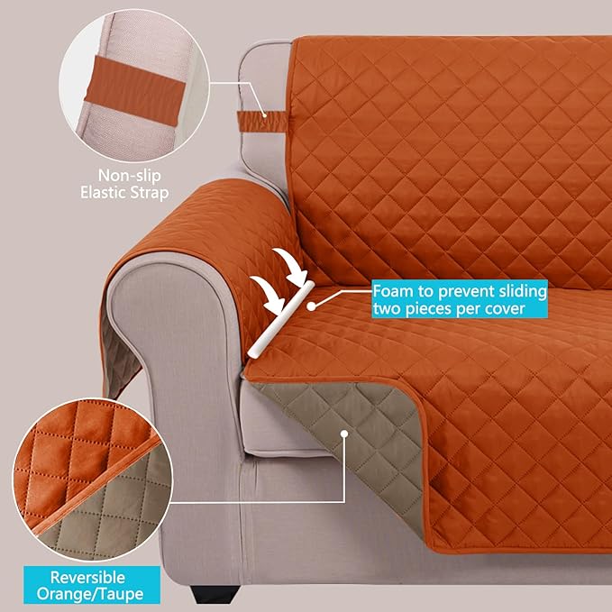 U-NICE HOME Reversible Sofa Cover Couch Cover for Dogs with Elastic Straps Water Resistant Furniture Protector for Pets Couch Cover for 3 Cushion Couch (Sofa, Orange/Taupe)