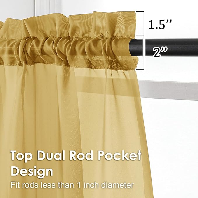OVZME Gold Sheer Curtains 96 Inches Long 2 Panels - Soft Light Filtering Window Sheer Panels for Living Room/Bedroom, Top Dual Rod Pocket, 1 Pair, Each 42Wx96L Inches