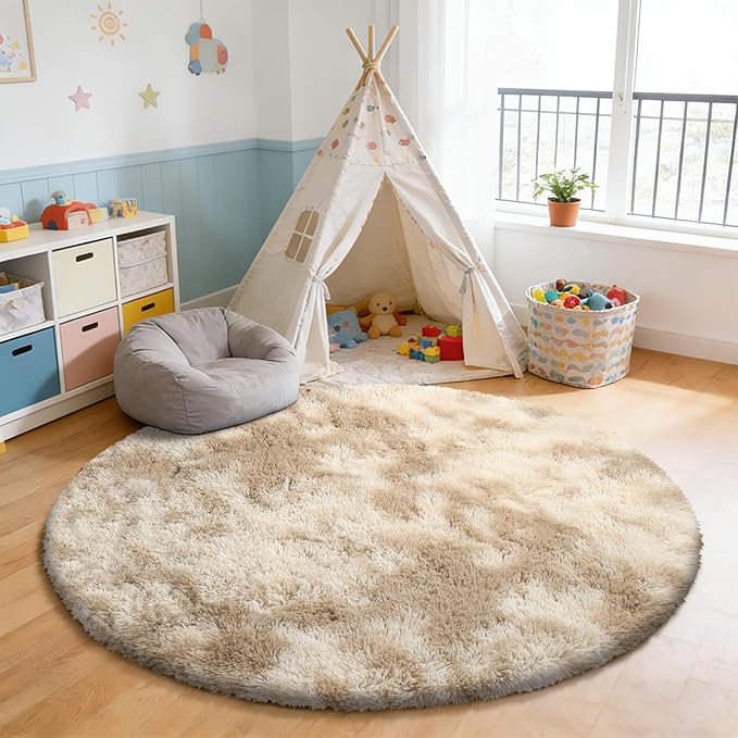 Fluffy Round Rug,Soft Area Rugs for Girls Room,Shaggy Rugs 6'X6' for Living Room,Non Slip Circle Rug for Kids Bedroom,Shag Plush Nursery Carpets,Fuzzy Rug for Dorm,Room Decor Carpet,Tie-Dyed Beige