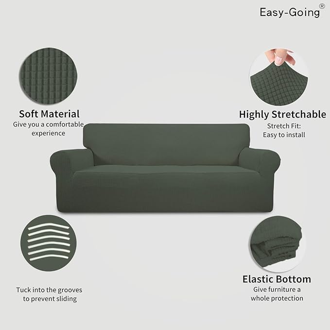 Easy-Going Stretch 4 Seater Sofa Slipcover 1-Piece Sofa Cover Furniture Protector Couch Soft with Elastic Bottom for Kids, Polyester Spandex Jacquard Fabric Small Checks Olive Green