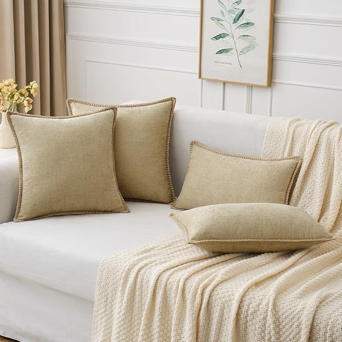 MIULEE Pack of 2 Couch Throw Pillow Covers 18x18 Inch Beige Farmhouse Decorative Pillow Covers with Stitched Edge Soft Chenille Solid Dyed Spring Pillow Covers for Sofa Bed Living Room