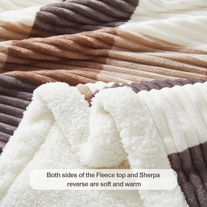 PU MEI Sherpa Blanket Twin Plaid Thick Bed Blanket, 60”*80” Super Soft Flannel Fuzzy Fleece Reversible Velvet Plush Warm Blanket for Couch (Beige Check, 60"*80")