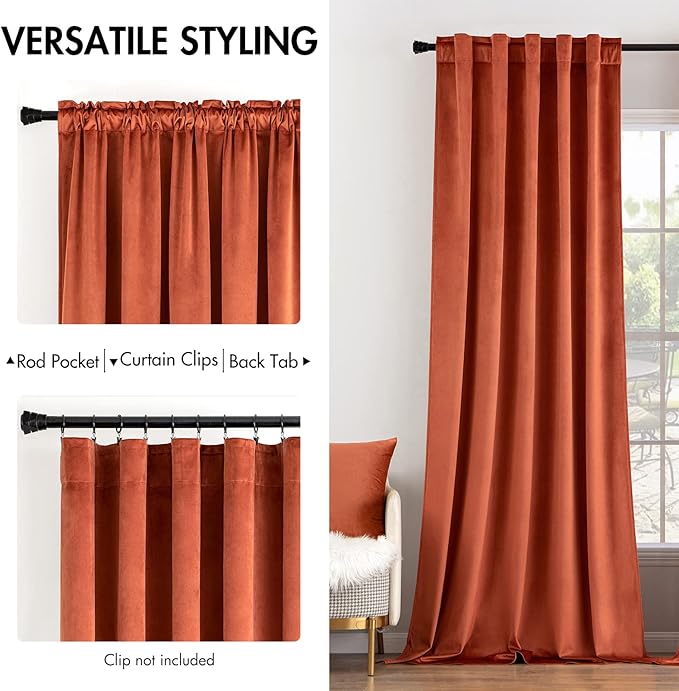 MIULEE Velvet Curtains 66 Inch Wide - Extra Wide Luxury Room Darkening Curtains for Sliding Door Bedroom Living Room Thermal Insulated Drapes Back Tab, Fall Burnt Orange, W 66 x L 96 inch 2 Panels