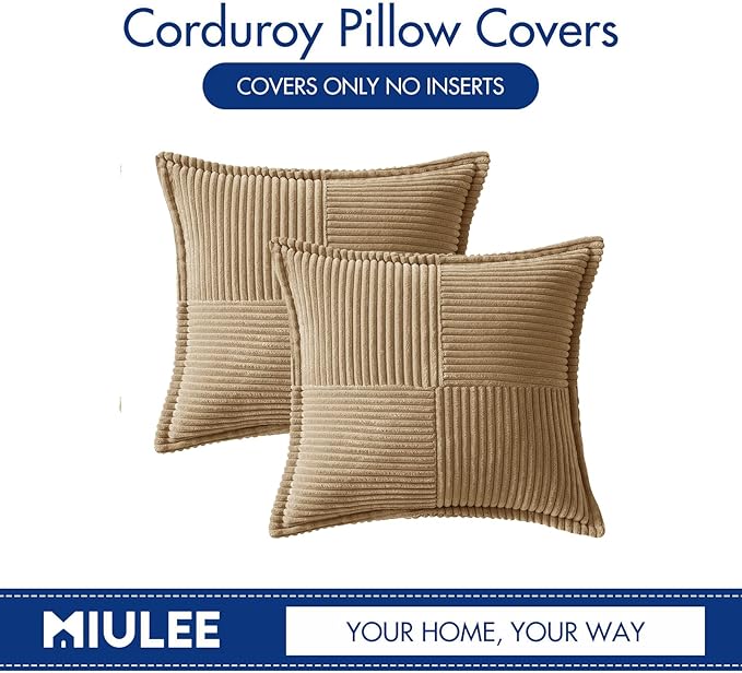 MIULEE Decorative Throw Pillow Covers for Couch Bed Livingroom 18x18 Inch Set of 2 Khaki Boho Accent Throw Pllows Broadside Striped Patchwork Soft Corduroy Pillowcases
