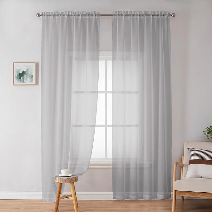 OWENIE Sheer Curtains 96 inches Long for Bedroom Living Room, Solid Light Gray Soft Fimly Sheer Curtains with Rod Pocket Top, Light Filtering Voile Sheer Farmhouse Curtains, 42Wx96L inch