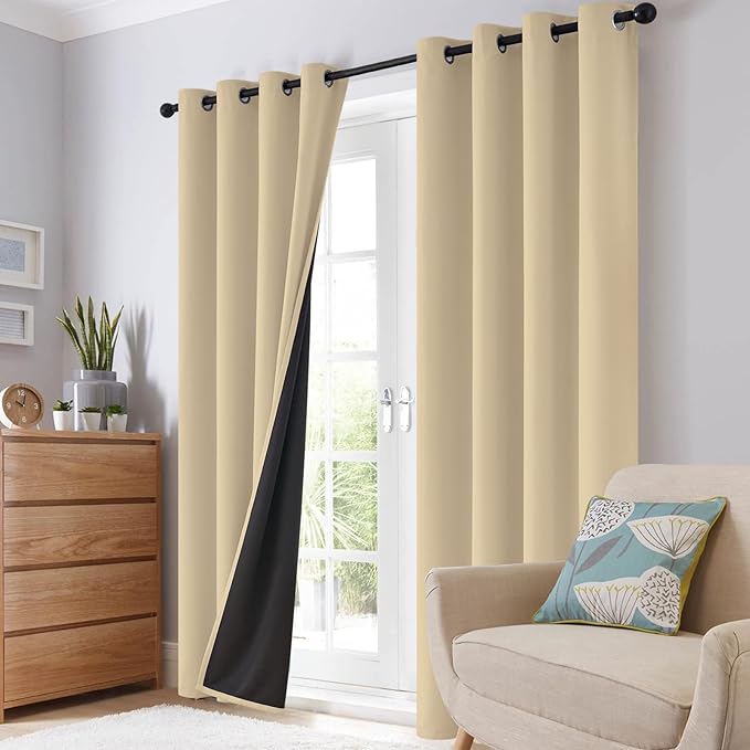 SimpleHome 100% Blackout Curtains for Bedroom,Thermal Insulated Grommet Window Drapes Room Darkening Beige Curtains for Living Room with Black Back,42 x 63 Inch,2 Panels