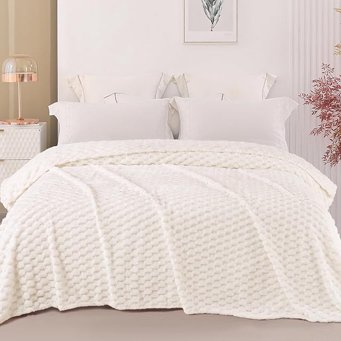 Exclusivo Mezcla Fleece Queen Blanket for Bed, Extra Large Fuzzy Ivory Bed Blankets, Soft Cozy Plush Sofa Throws for All Seasons, 90x90 Inches