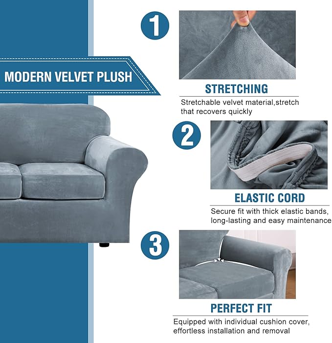 H.VERSAILTEX Real Velvet Plush 3 Piece Stretch Sofa Covers Couch Covers for 2 Cushion Couch Loveseat Covers Width Up to 72 Inch Feature Thick Soft Stay in Place (Medium Sofa, Stone Blue)